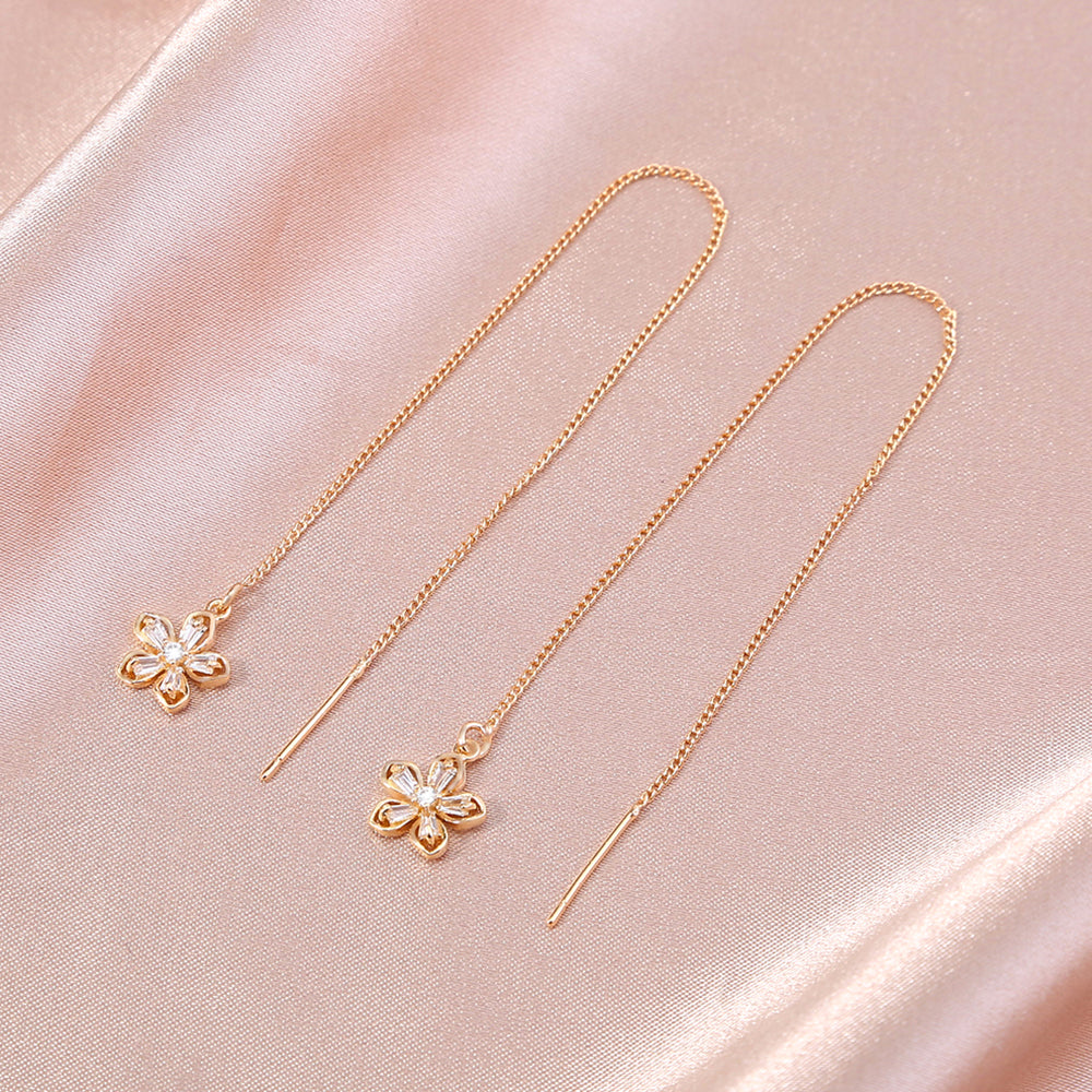 Gold Floral Copper Tassel Threader Earrings