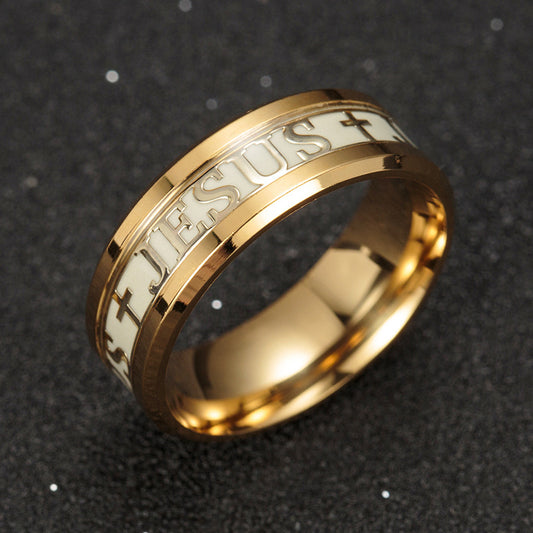 stainless steel luminous ring glow jesus gold silver jewelry cross rings