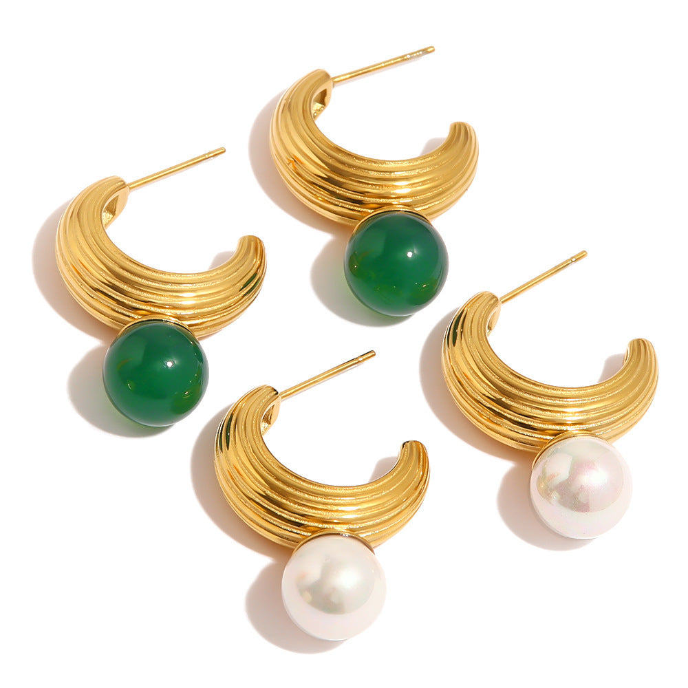 18K Gold Fashion Retro C Shape Inlaid Pearl Versatile Earrings