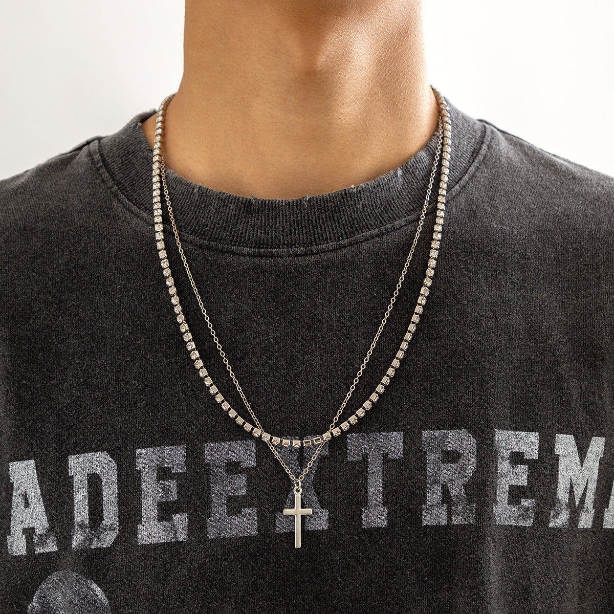 Men Retro Simple Cross Double Layered Claw Chain Design Hip Hop Necklace