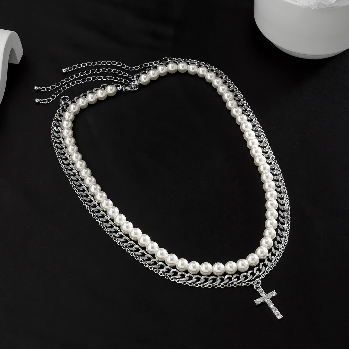 Men Fashionable Three-Layer Diamond Cross with Pearl Pendant Necklace