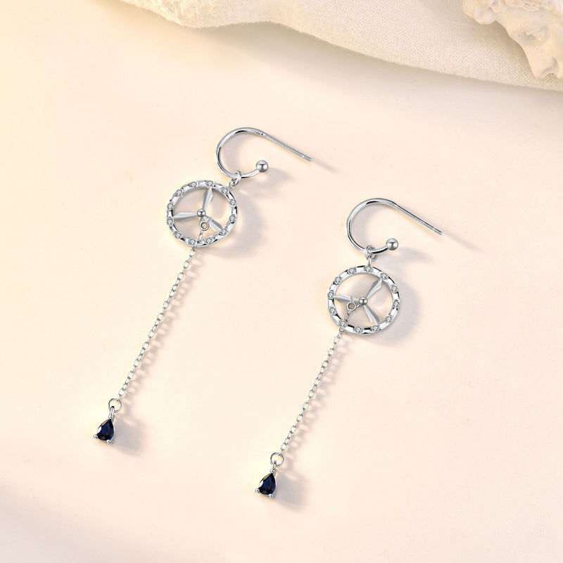 Women Hollow CZ Windmill Tassels 925 Sterling Silver Dangling Earrings