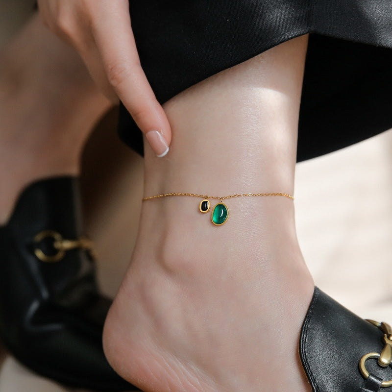 18K Gold Fashion Simple Inlaid Natural Green Black Agate Stone Design Anklet