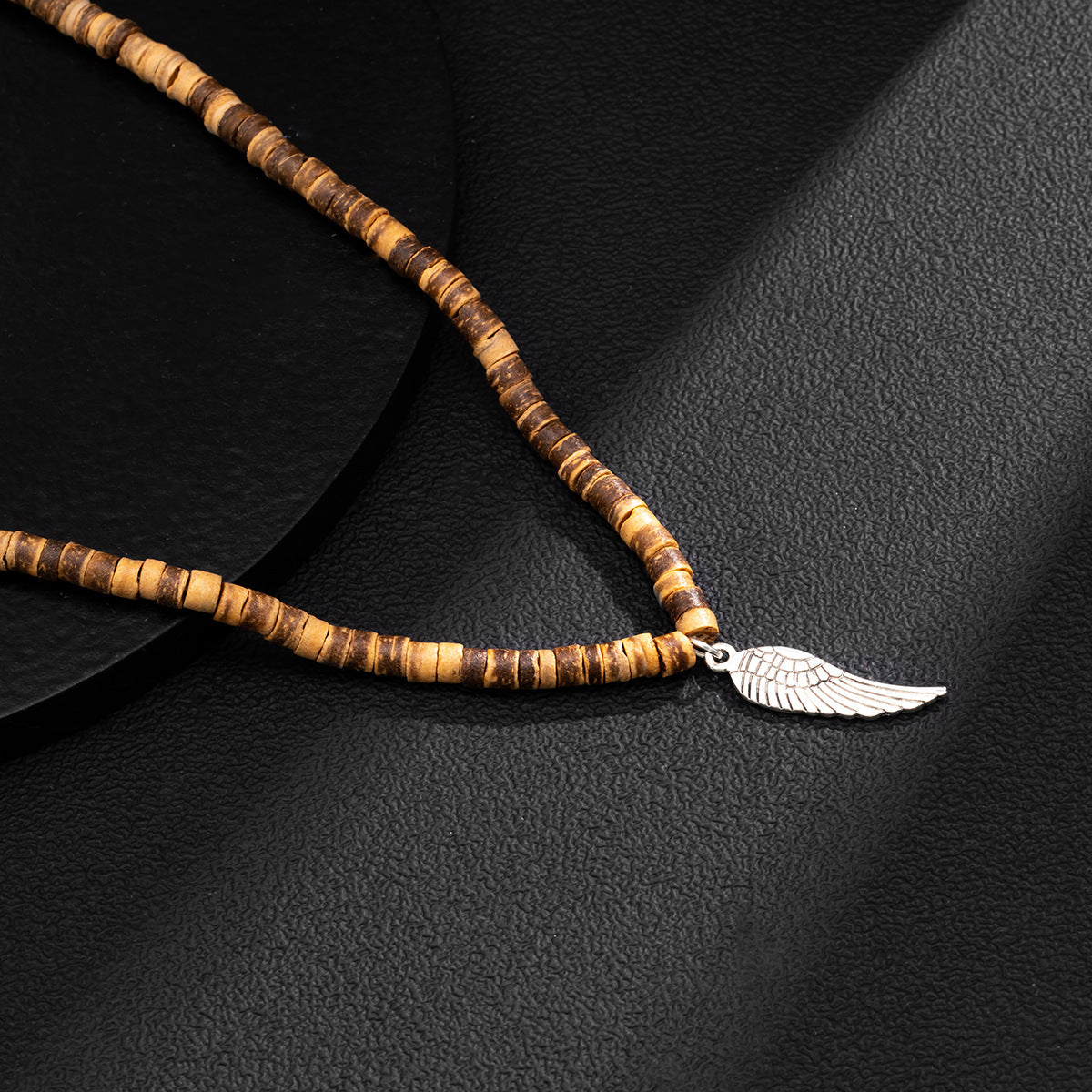 Men Classic Boho Wood Bead Panel and Feather Pendant Necklace