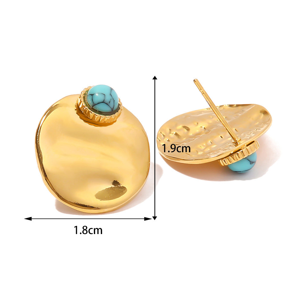 18K Gold Fashionable Exquisite Round Inlaid Lapis Lazuli Design Versatile Earrings