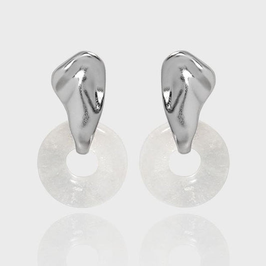 Elegant Geometry Natural Stone Crystal Circle 925 Sterling Silver Dangling Earrings