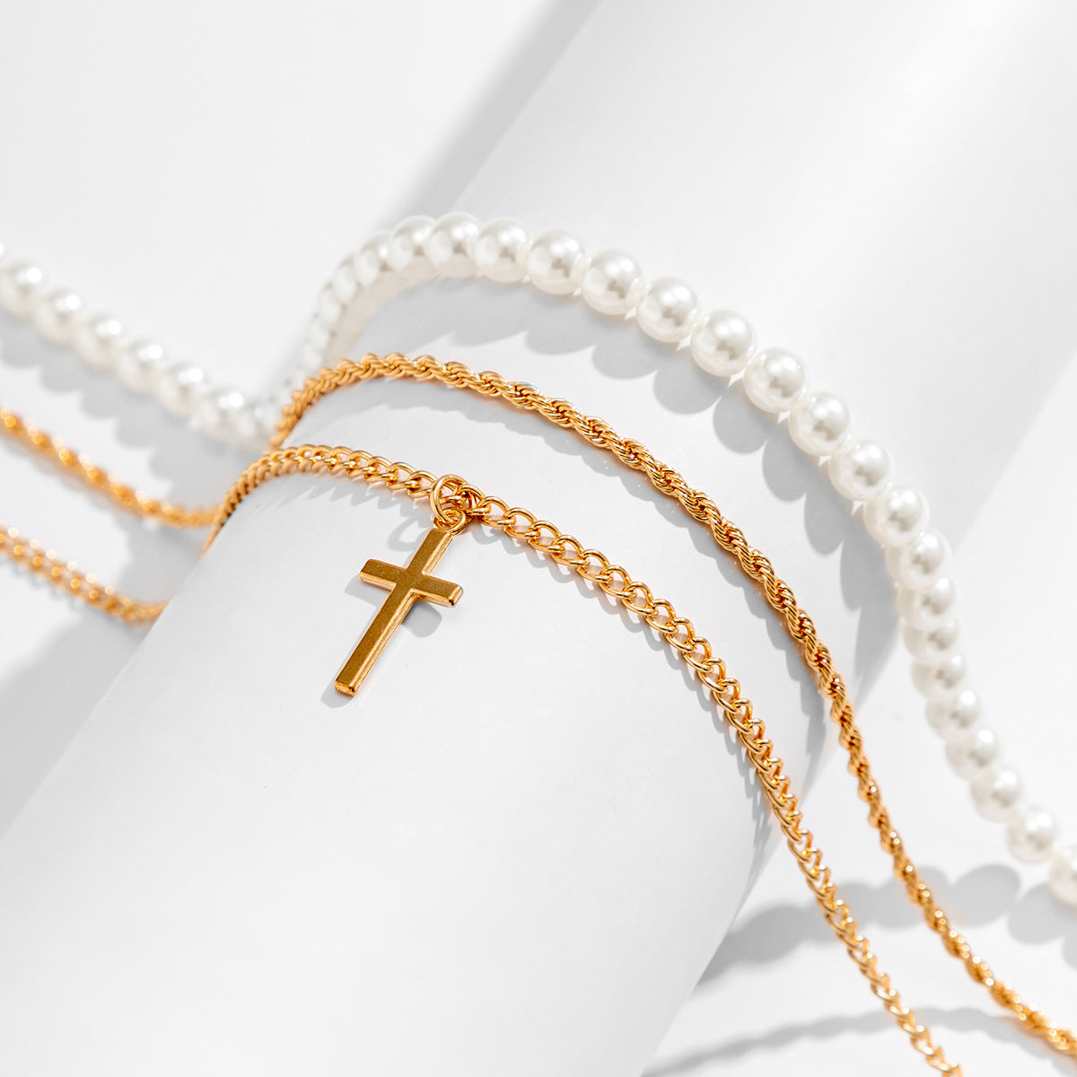 Men Classic Simple Hip-Hop Style Pearl Cross Three-Layer Stacked Versatile Necklace