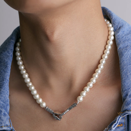 Men Fashion Vintage Pearl Stitching Clavicle Chain Hip Hop Necklace
