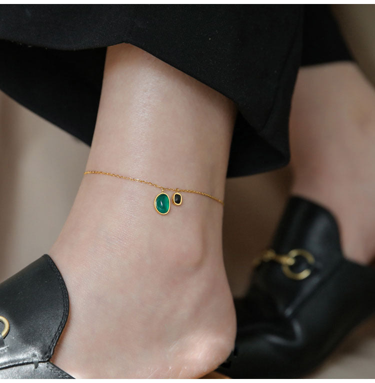 18K Gold Fashion Simple Inlaid Natural Green Black Agate Stone Design Anklet