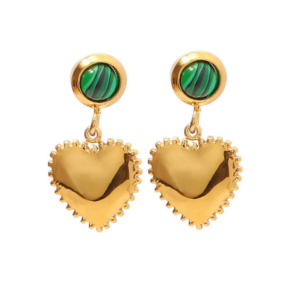 18K Gold Simple Inlaid White Diamond Malachite Heart Pendant Versatile Earrings