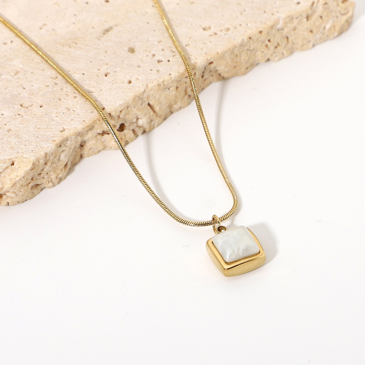14K Gold Plated Stainless Steel Necklace Square White Jade Pendant Women's Jewelry