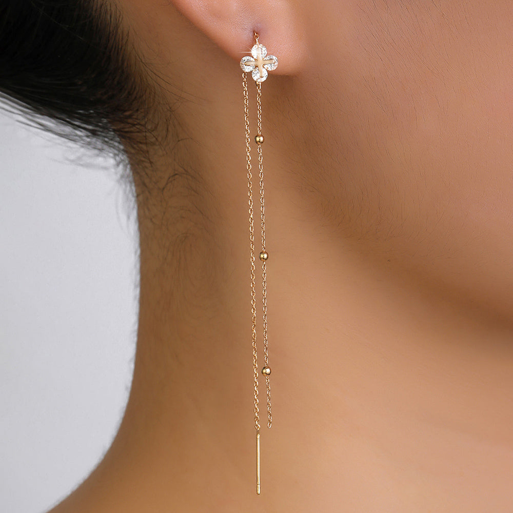 Gold Religious Jesus Copper Cross Micro-set Zircon Long Tassel Ear Wire