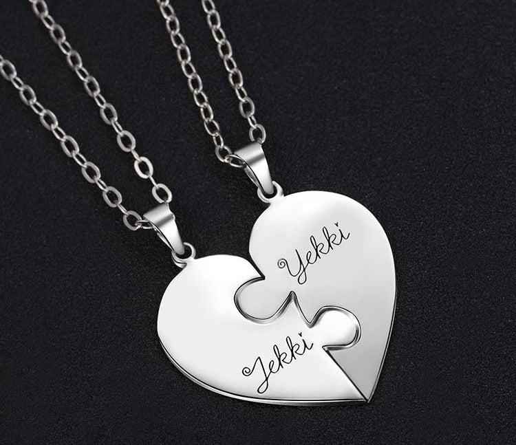 Engraved S925 Silver Jigsaw Puzzle Breakable Heart Pendant Necklaces for Couples, Friends & Family
