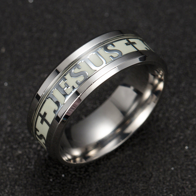 stainless steel luminous ring glow jesus gold silver jewelry cross rings