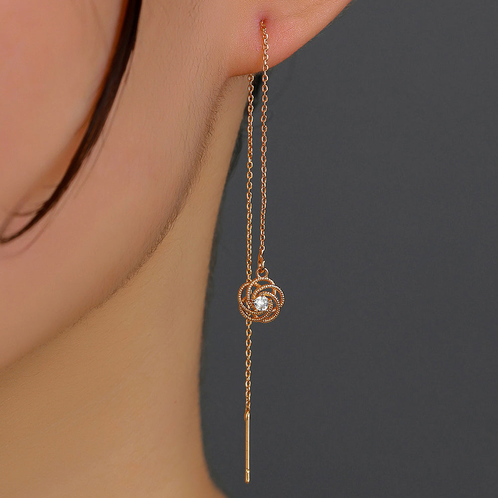 Gold-tone Copper Rose Zircon Long Tassel Earring Pendant