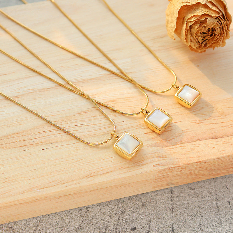 14K Gold Plated Stainless Steel Necklace Square White Jade Pendant Women's Jewelry