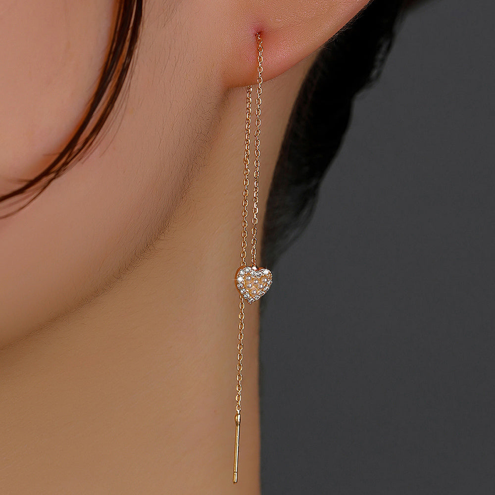 Gold Heart Cutout And Diamond Tassel Threader Earrings