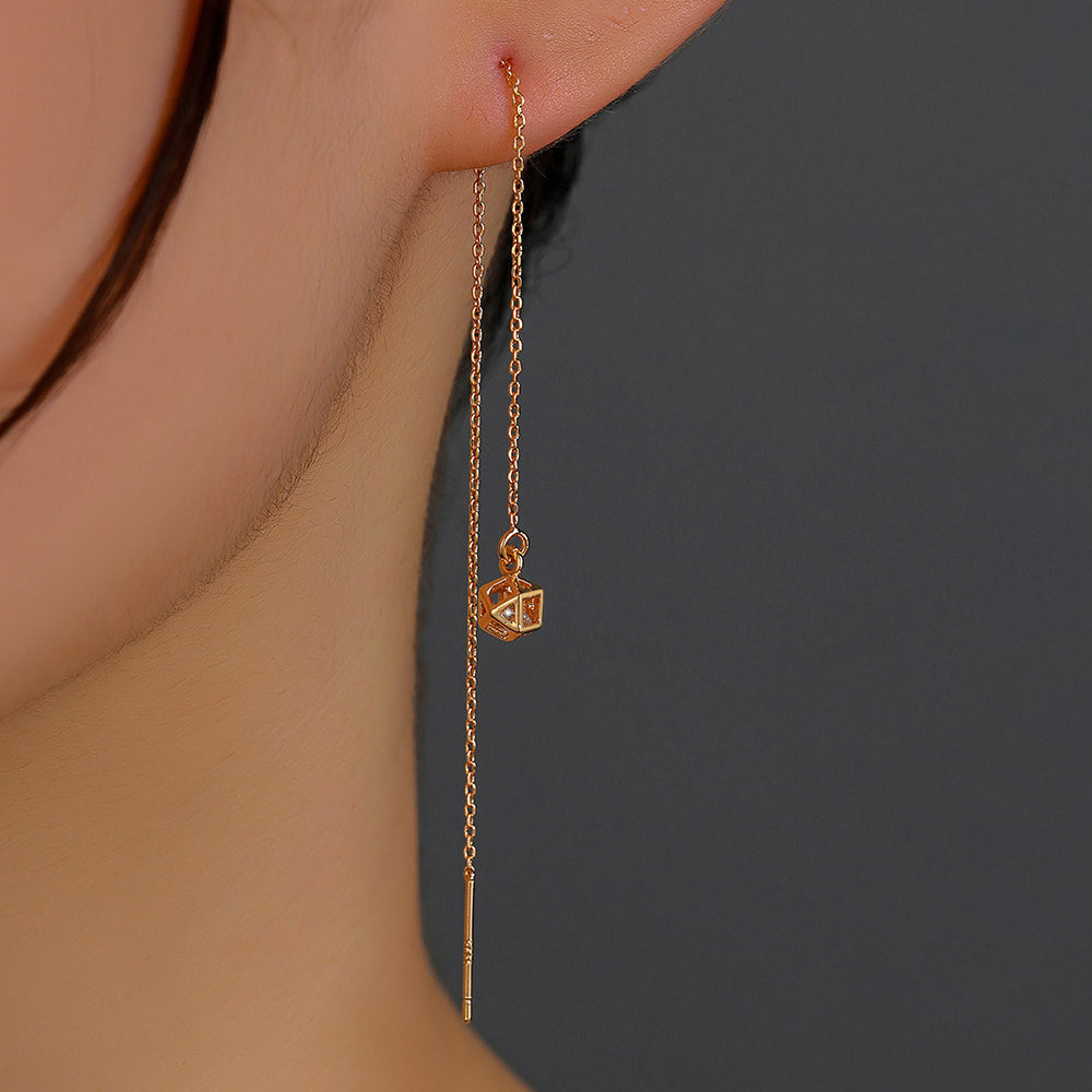 Gold Diamond Cutout Tassel Threader Earrings