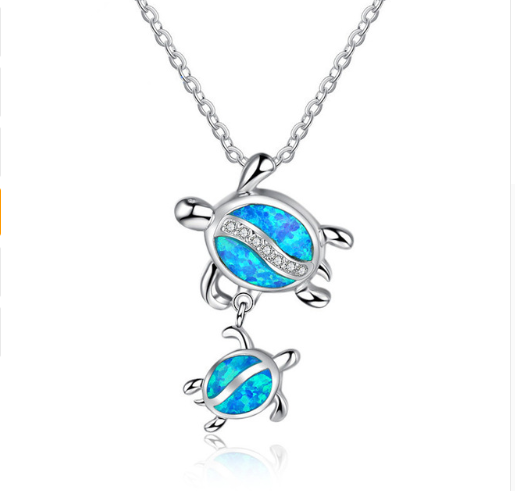 Fashion silver filled blue opal sea turtle pendant necklace for women female Animal wedding ocean beach jewelry gift