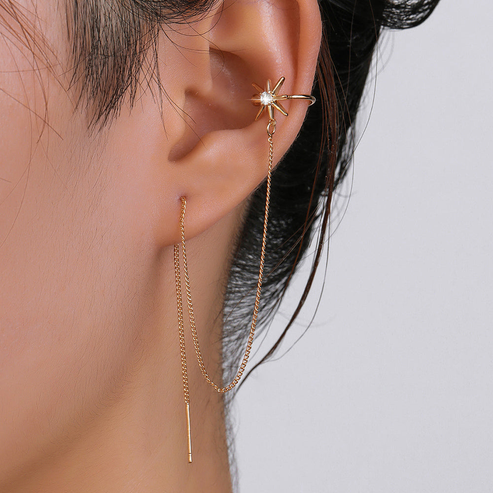 Gold Long Fringed Copper Hexagram Micro-set Zircon Ear Clip Ear Wire