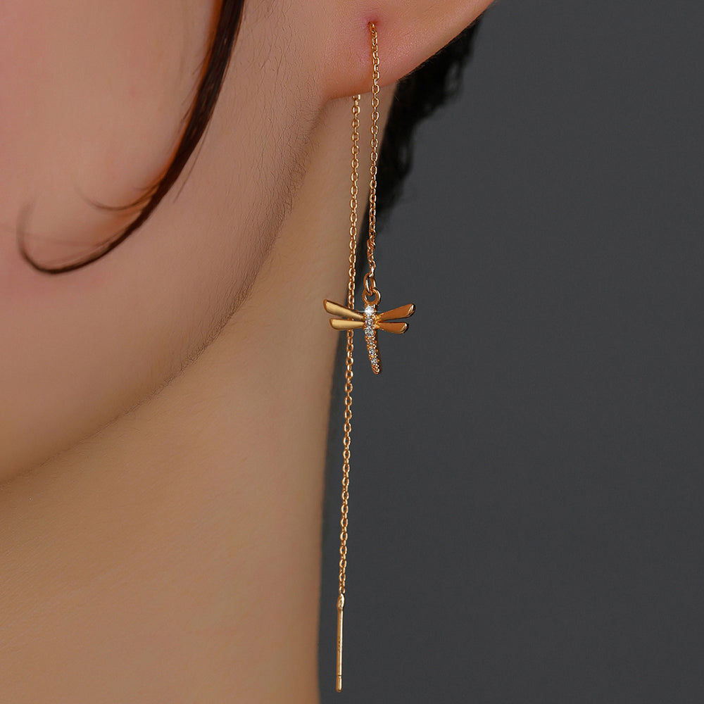 Gold Copper Dragonfly Micro-Set Zircon Long Tassel Ear Wire