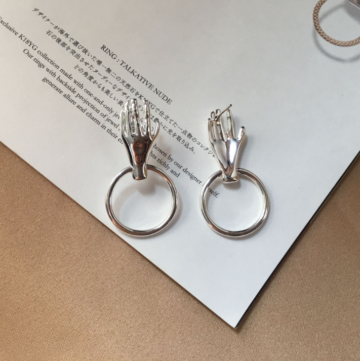 Palm ring earrings street fashion street shooting 925 silver needle plated 18K real gold earrings