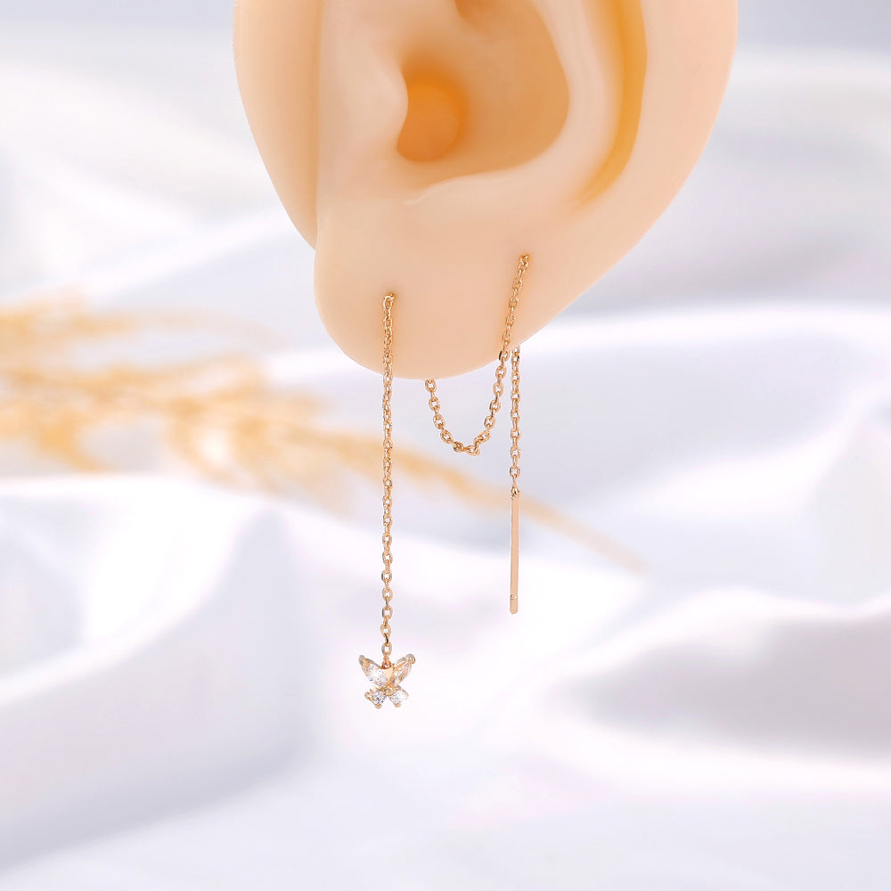 Gold Bronze Butterfly Zircon Tassel Threader Earrings
