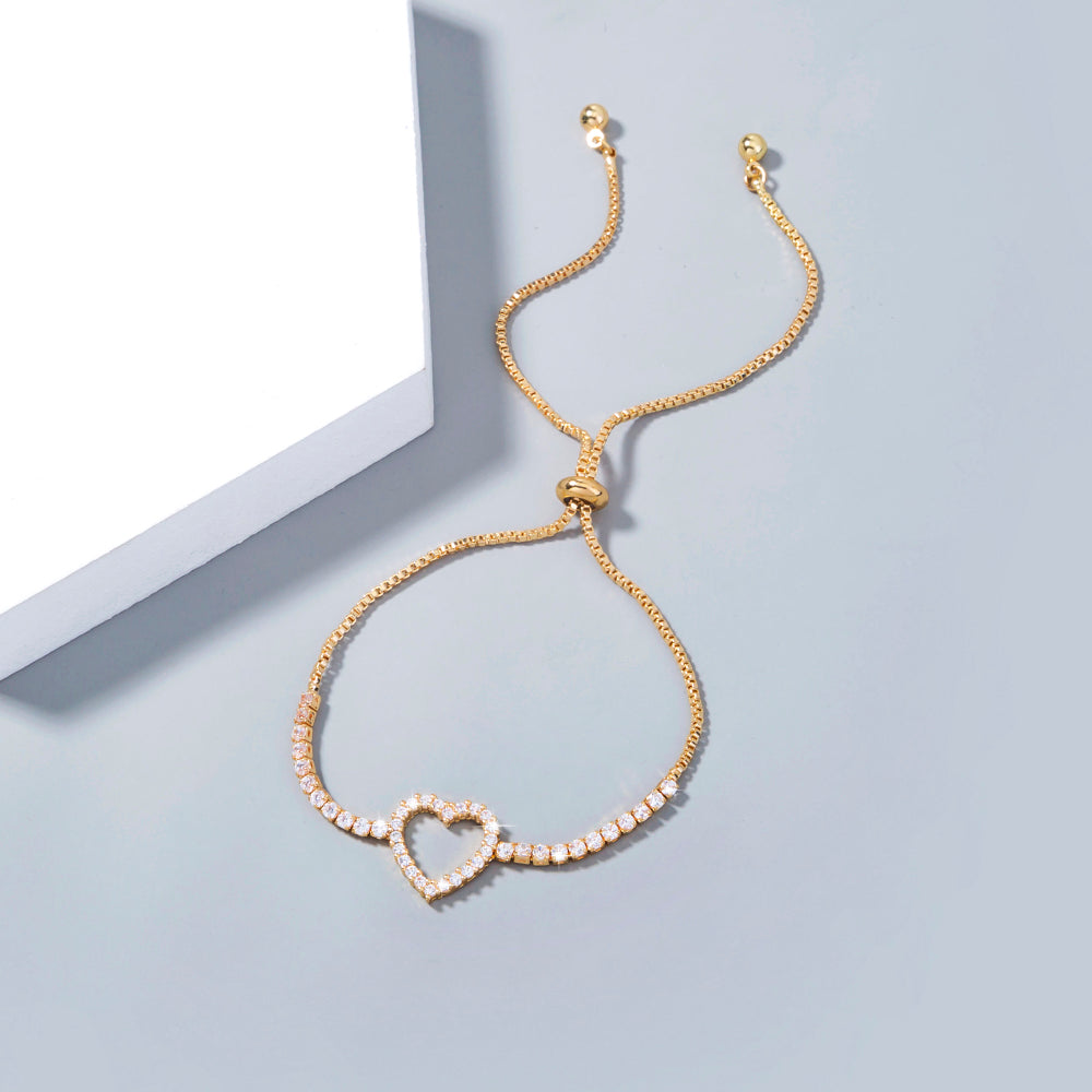 Gold Open Heart Brass Micro-Set Zircon Pendant Shrink-Pull Brass Bead Bracelet