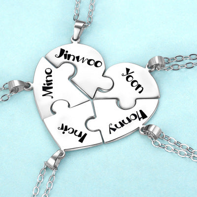 Engraved S925 Silver Jigsaw Puzzle Breakable Heart Pendant Necklaces for Couples, Friends & Family