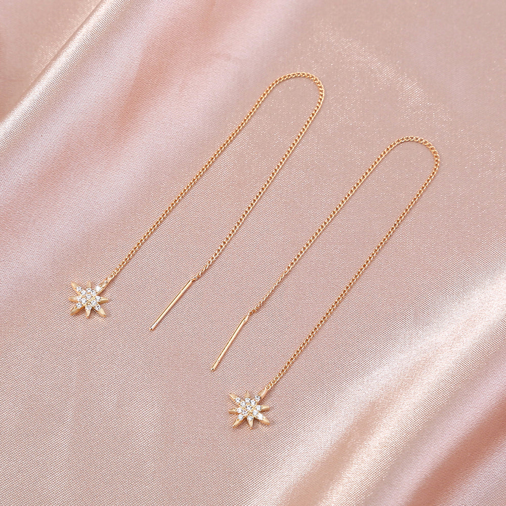 Gold Hexagram Zircon Long Tassel Ear Wires In Gold Copper