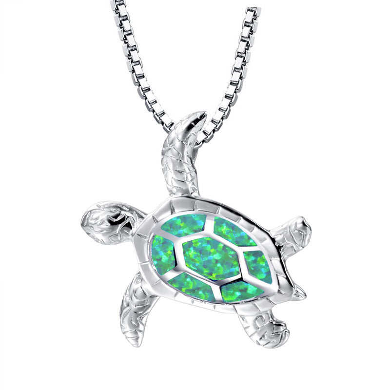 Fashion silver filled blue opal sea turtle pendant necklace for women female Animal wedding ocean beach jewelry gift
