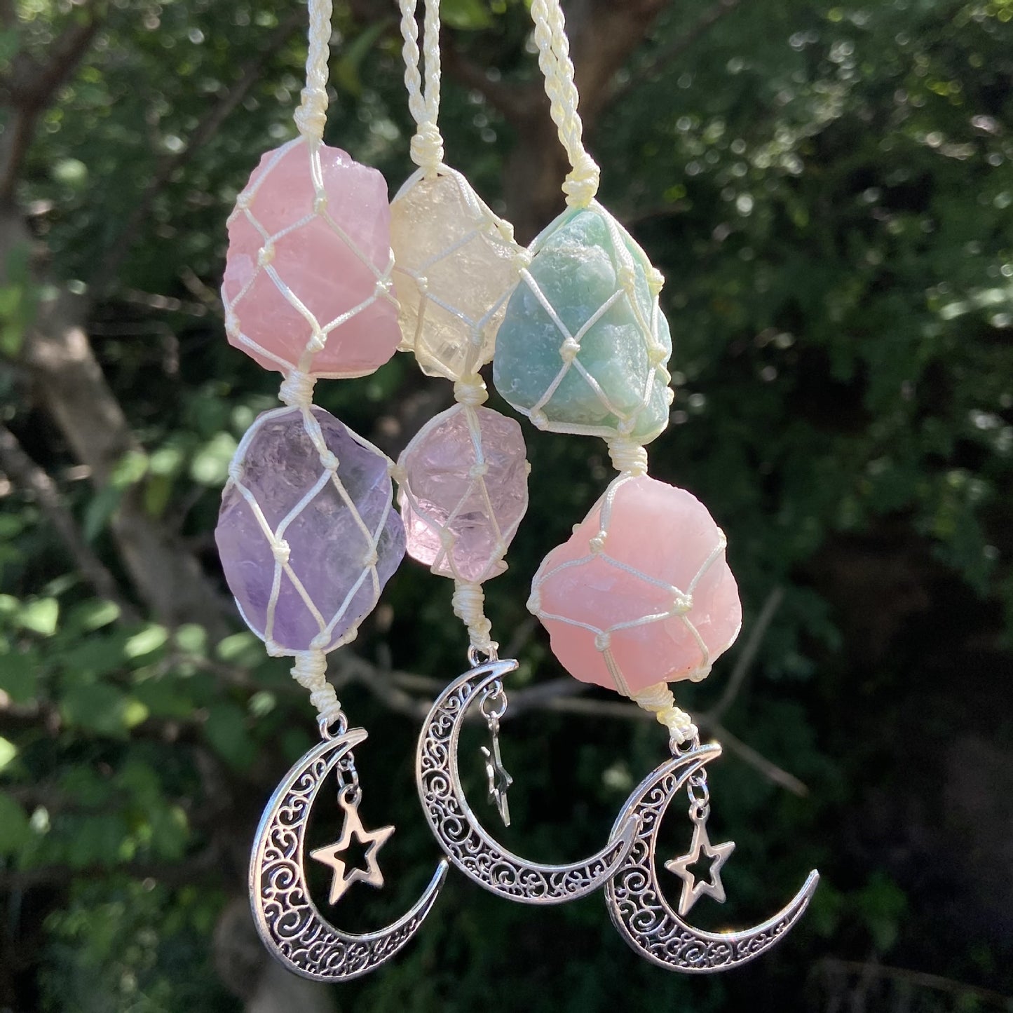 Colorful Handmade Double Natural Raw Stone Hanging Car Ornament Decor Home Indoor Decoration Ornaments With Moon Star Pendant