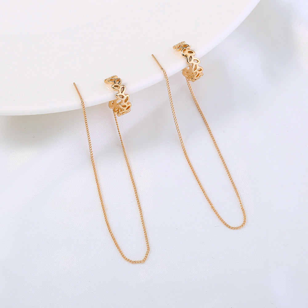 Gold Copper C-shaped Hollow Leaf Threader Earrings