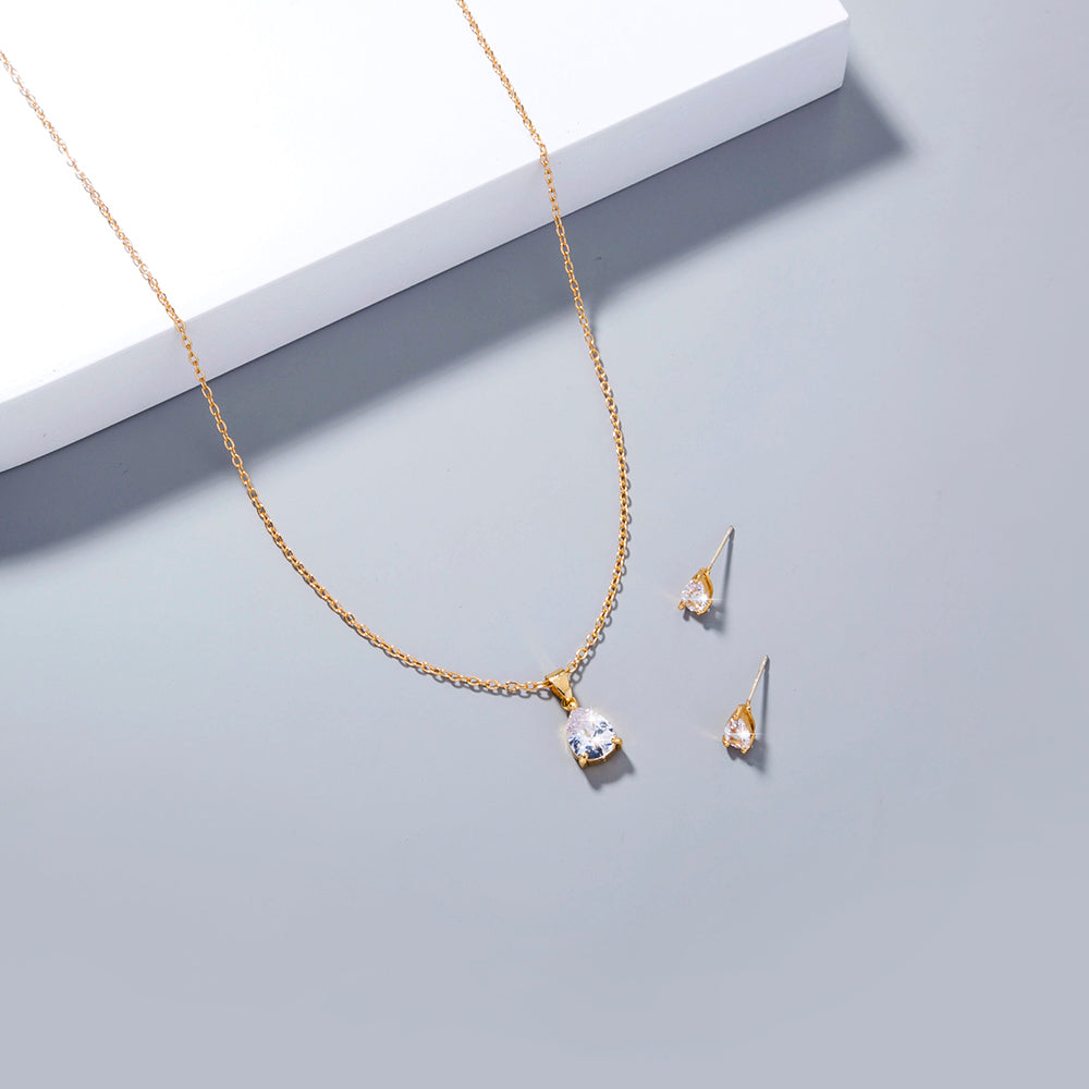 Copper Gold Plated Waterdrop Zircon Pendant Necklace Stud Earrings Set Ornament
