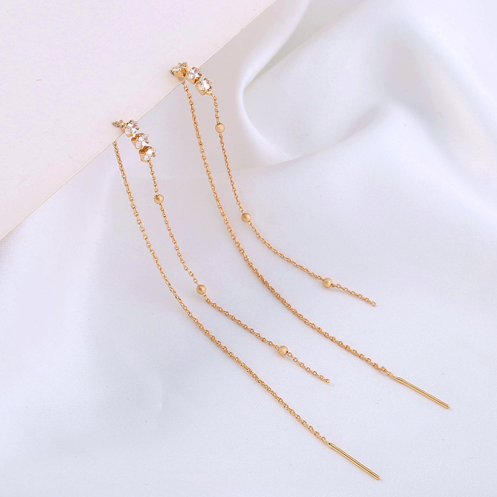 Brass Zirconia Long Tassel Threader Earrings