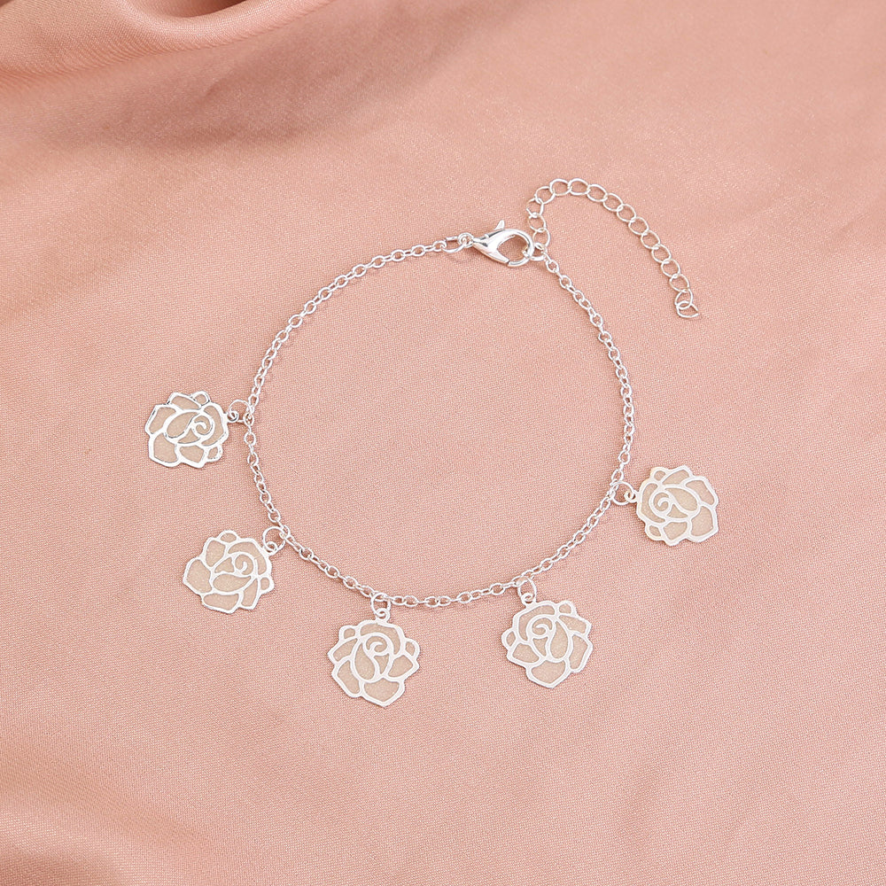 Round rose flower, copper slice, silver bracelet