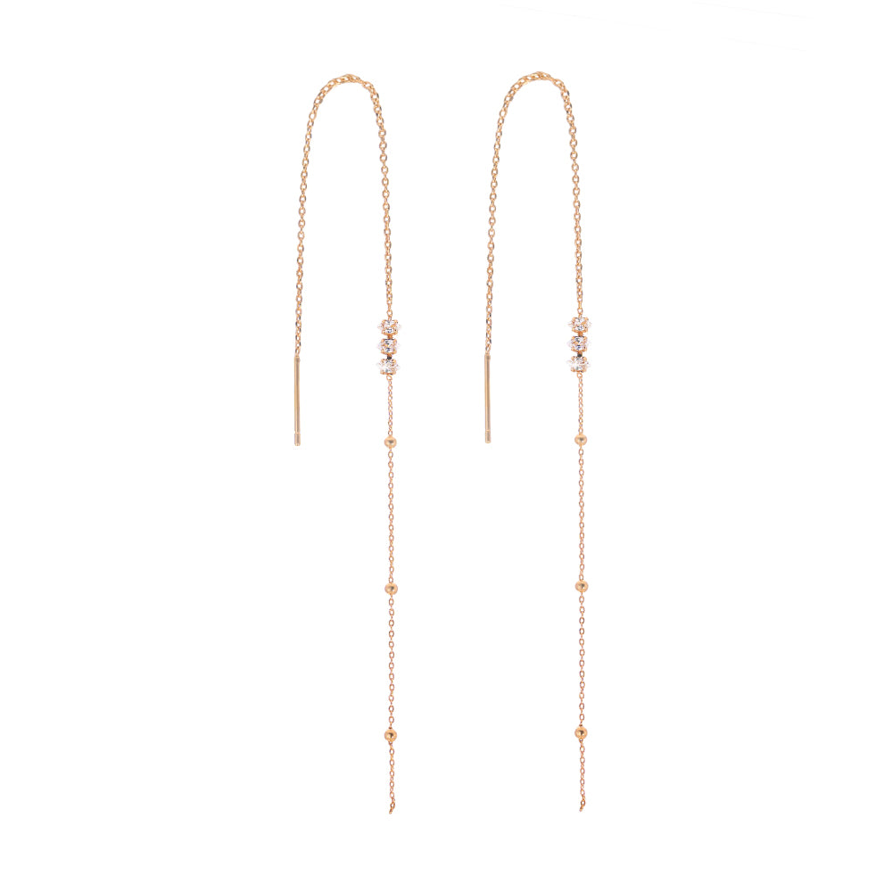 Brass Zirconia Long Tassel Threader Earrings