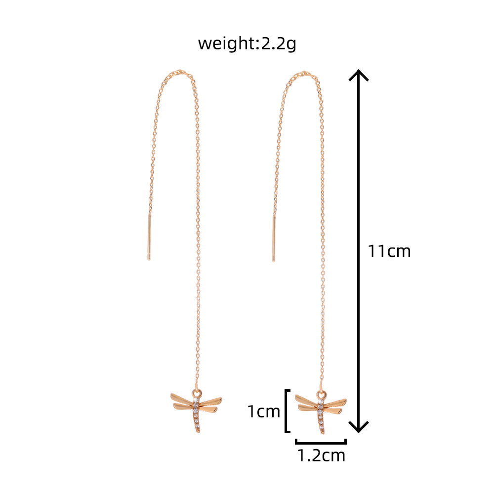 Gold Copper Dragonfly Micro-Set Zircon Long Tassel Ear Wire