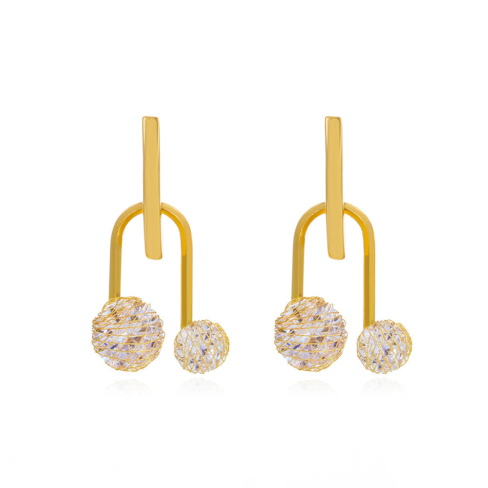 Copper Inlaid Zircon Hollow Small Gold Ball Earrings