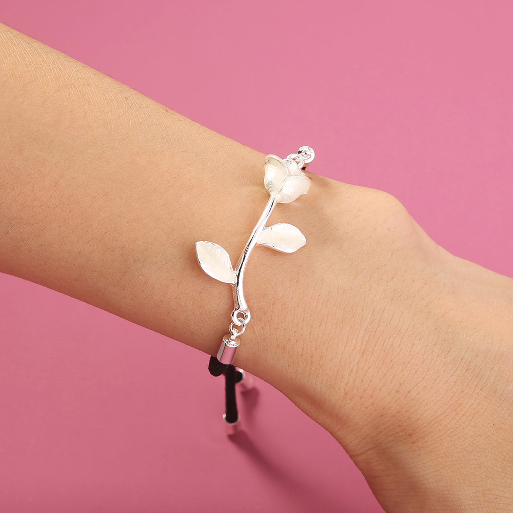 Glow-in-the-dark silver rose leather cord adjustment shrink bracelet