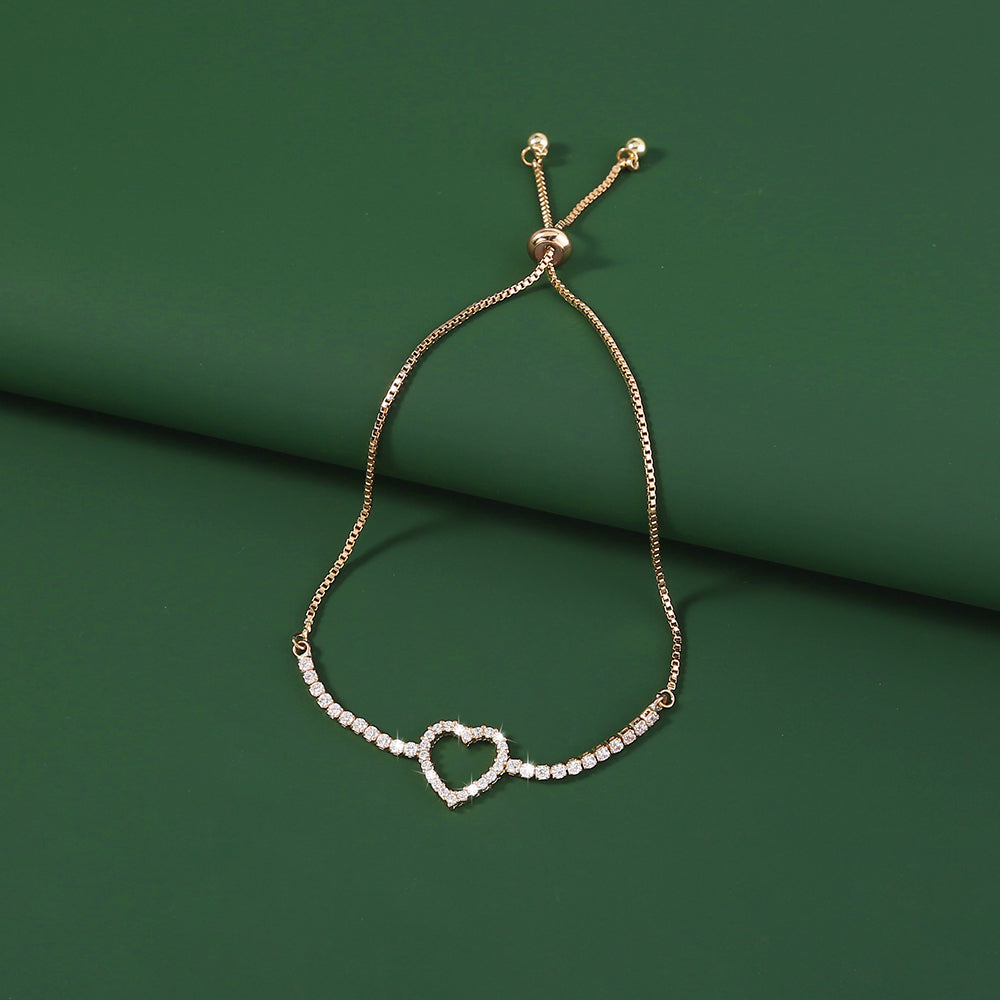 Gold Open Heart Brass Micro-Set Zircon Pendant Shrink-Pull Brass Bead Bracelet