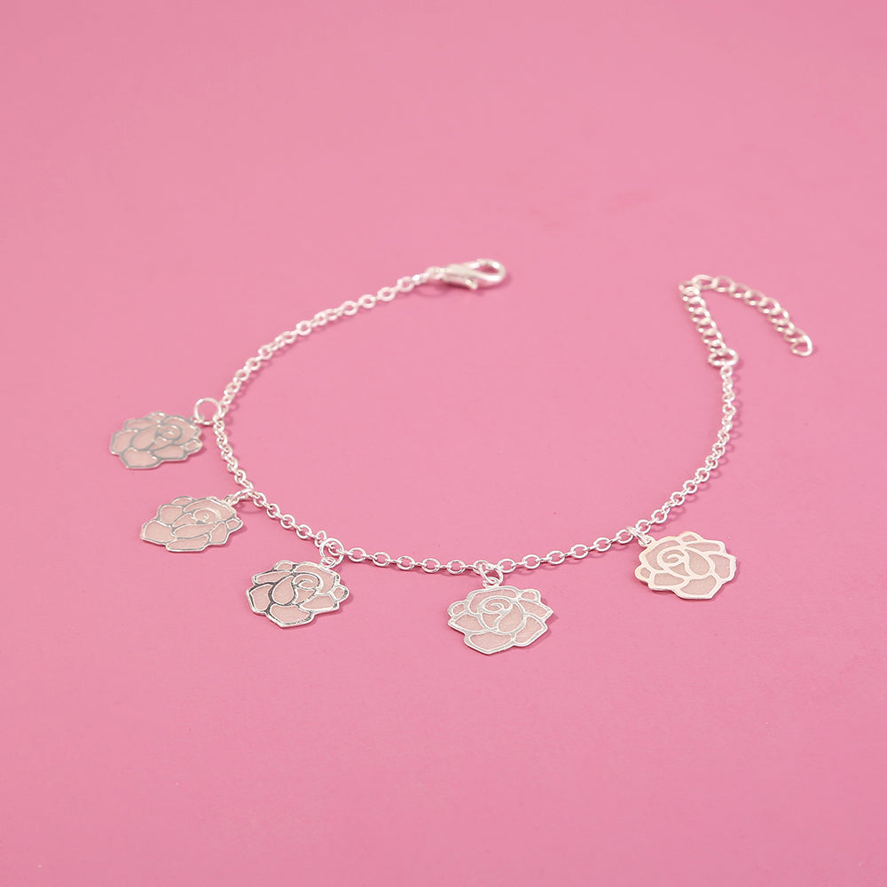 Round rose flower, copper slice, silver bracelet