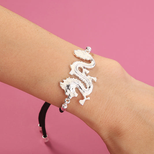 Glow-in-the-dark Silver Dragon Leather drawstring adjuster bracelet