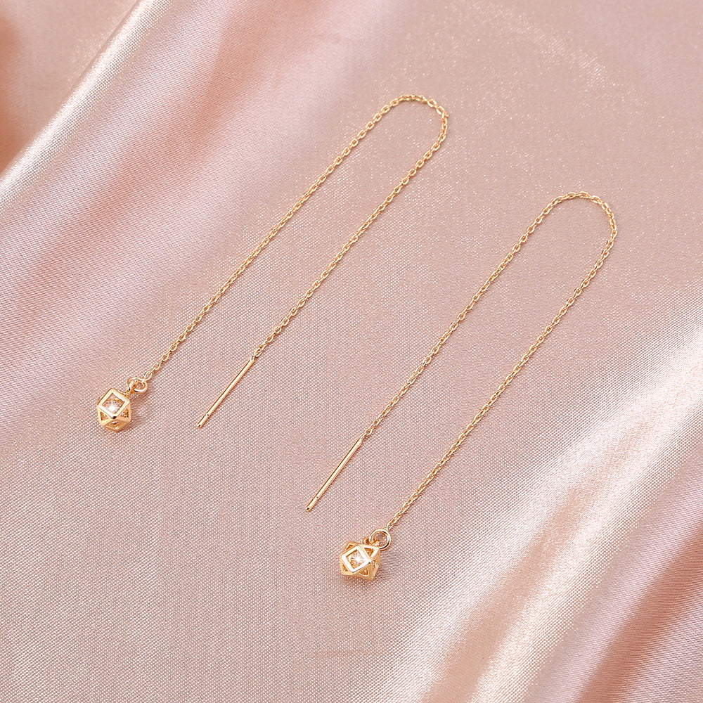 Gold Diamond Cutout Tassel Threader Earrings