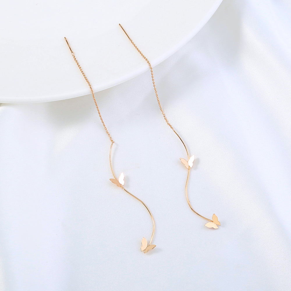 Gold Copper Squeezed Snake Butterfly Threader Earrings