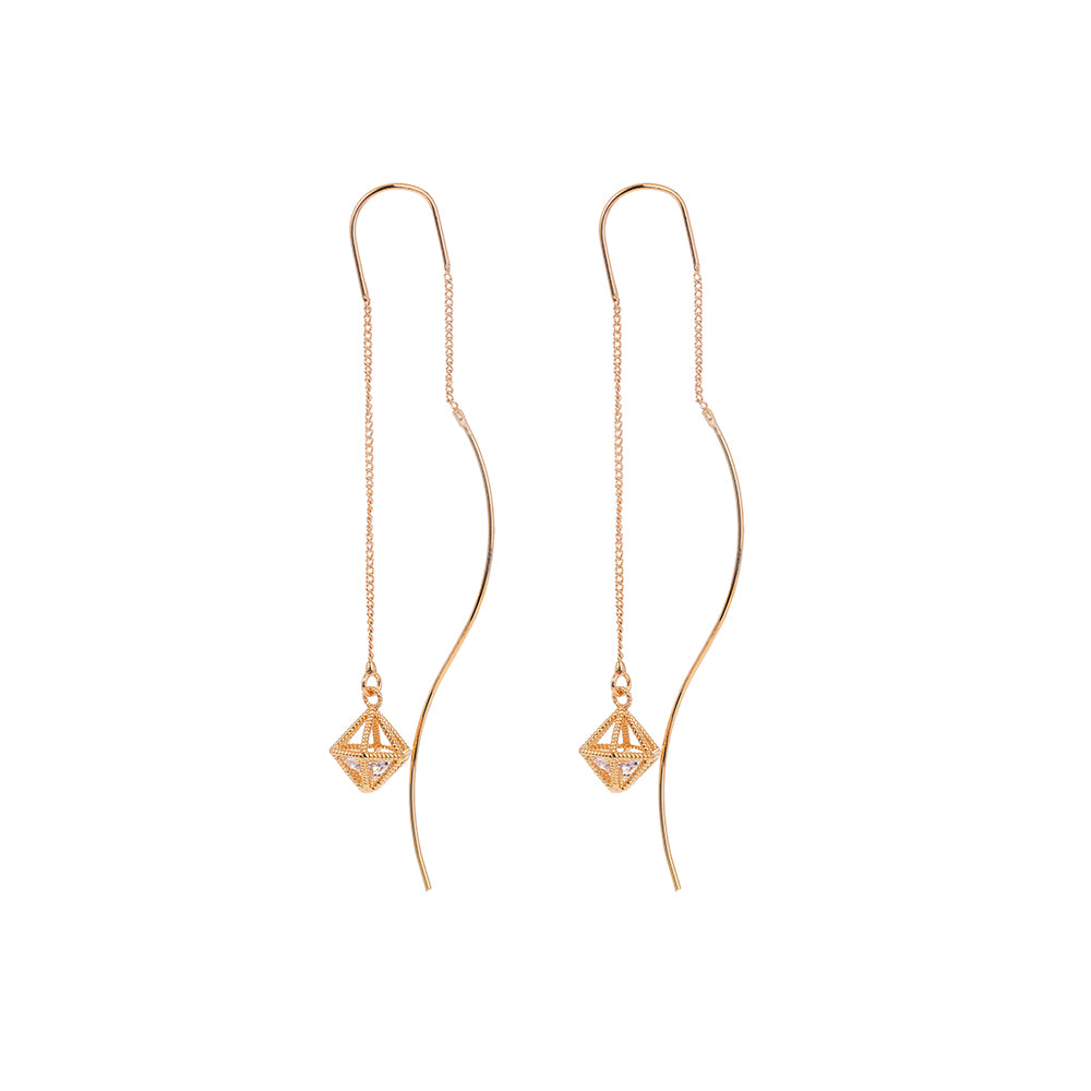 Gold Bronze Cutout Zircon Tassel Threader Earrings