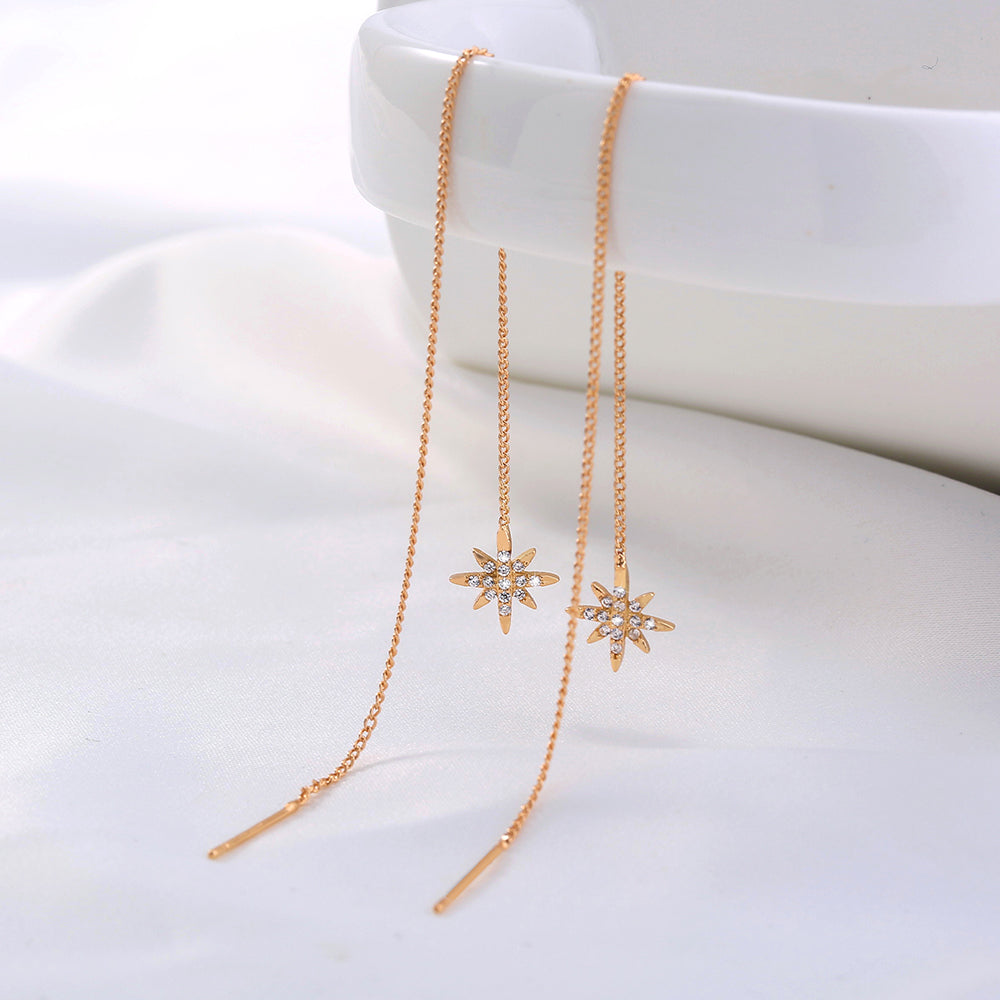 Gold Hexagram Zircon Long Tassel Ear Wires In Gold Copper