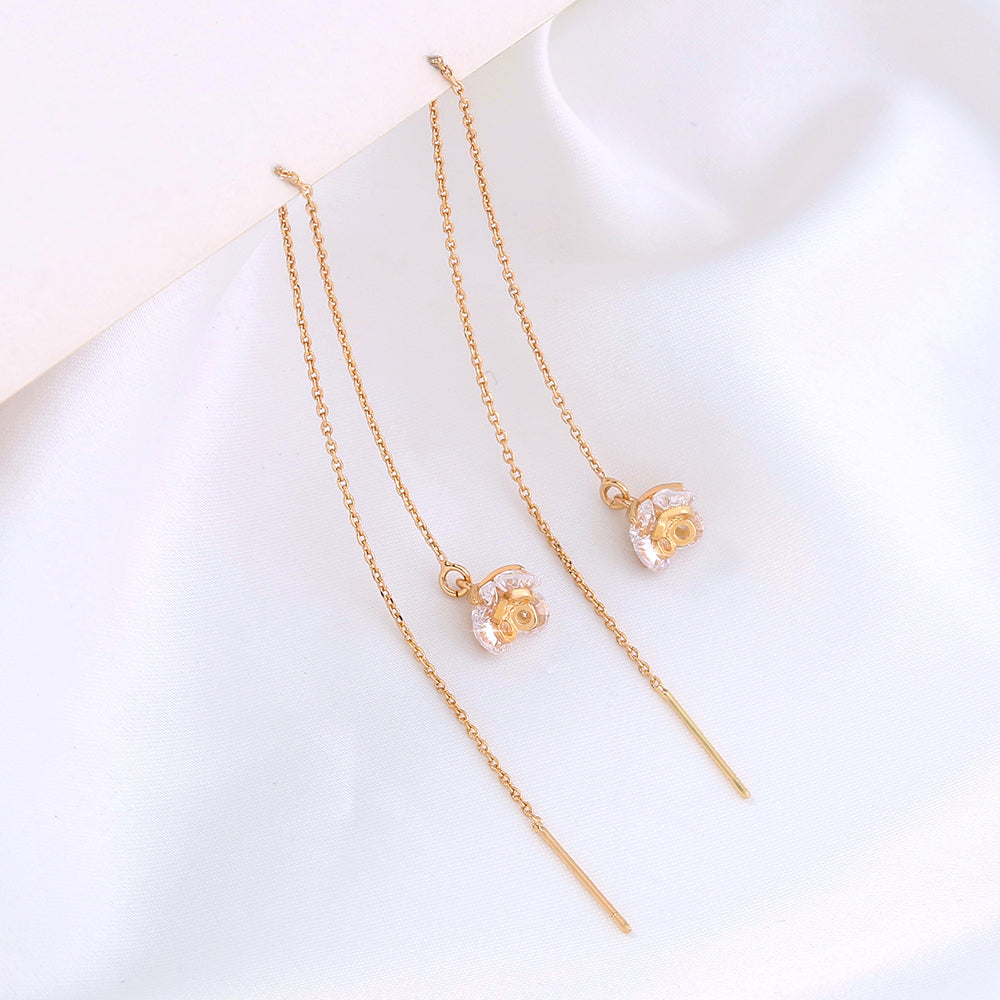 Golden Flower Zircon Long Tassel Threader Earrings