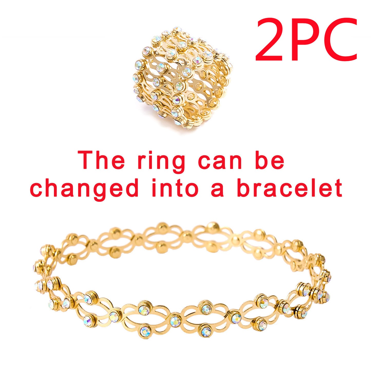 2 In 1 Folding Retractable Rings Bracelet Magic Rhinestone Rings Deformable Bracelet Women Ins Style Adjustable Fashion Jewelry