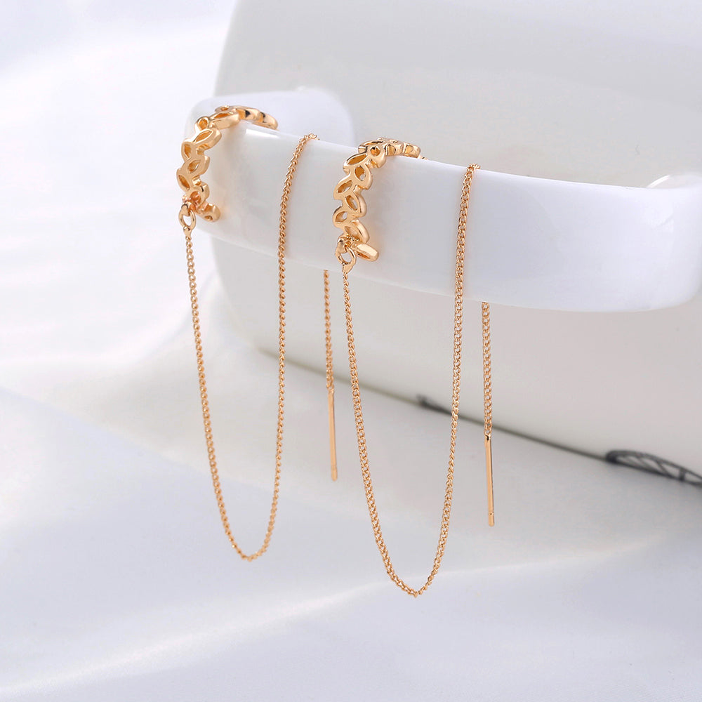 Gold Copper C-shaped Hollow Leaf Threader Earrings